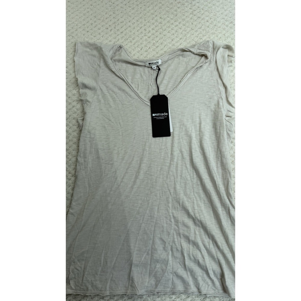 LA Made Women Basic V-Neck Offwhite Cotton Flutter Sleeve T-Shirt Size M